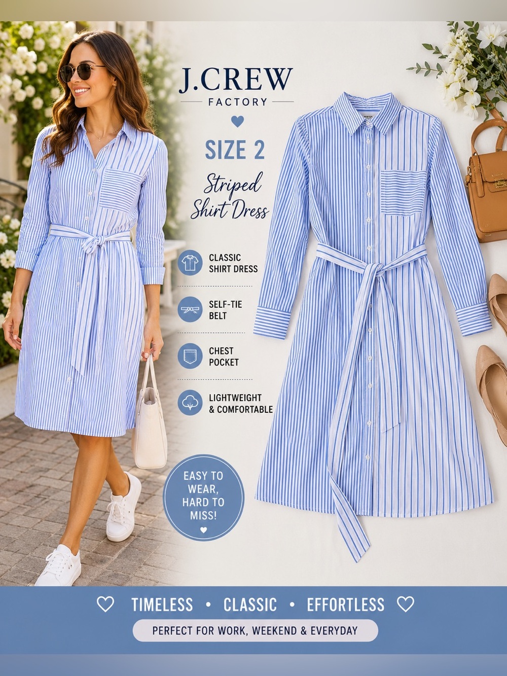 J.Crew Factory Blue & White Striped Shirt Dress Size 2